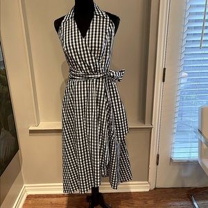 Boston Proper Navy & White Checked Halter Dress w/ Side Pockets & Sash Size 10